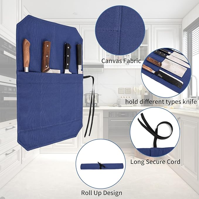 HERSENT A Chef's Knife Roll Bag - Portable Travel Chef Knife Case Carrier Holder Storage Bag With 4 Slots Best Gift For Pro Chef Or Culinary Enthusiasts Men Women HGJ03-P (Navy Blue)