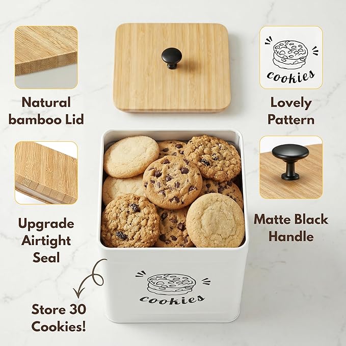 PERFNIQUE Cookie Jar with Lid Airtight, Cookie Tin with Bamboo Lid, Cute Cookie Jars for Kitchen Counter Decorative, 1 Gallon Food Storage Container for Candy, Cookies, Dessert, Farmhouse Home Decor