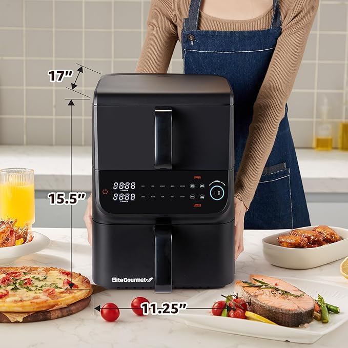 Elite Gourmet Dual Stacked Air Fryer, 10.5 Qt Total Capacity, PFAS-Free Nonstick Baskets, Sync Cook & Sync Finish, 10 Presets, 1700W, Black