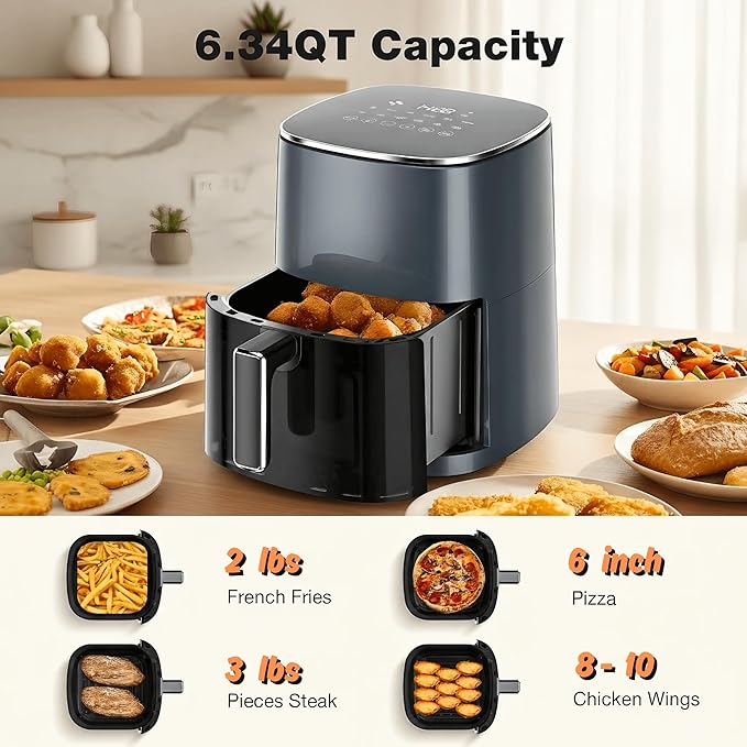 Airfryer 12-in-1,Large Air Fryer 6QT, Square Airfryers Non Toxic, Cooking, Fries, Custard, Chicken Wings, Sea Food, Vegetabels, Nonstick & Easy-Clean Basket, Grey
