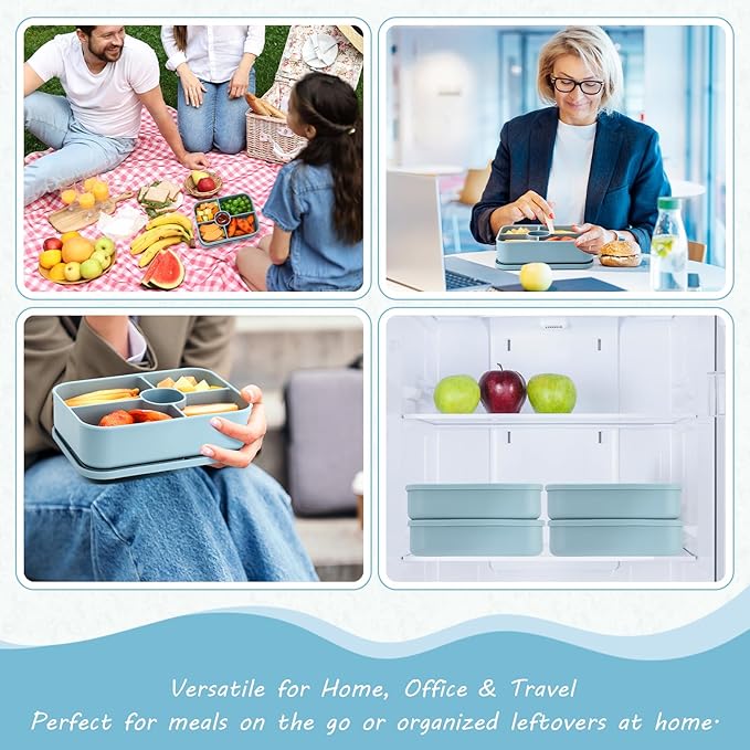 Jingmore 4 Pack Silicone Bento Boxes for Adults, 5 Compartment Reusable Lunch Containers with Sauce Section, Leakproof Meal Prep Snack Box Microwave & Dishwasher Safe for Office(Blue)