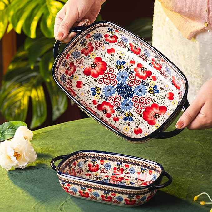 Baking Dish Ceramic Baking Pan Blue Casserole Dish Porcelain rectangular Baking Set 2pcs Bakeware Sets Single Serving Size Lasagna Pan Baking Dishes for oven(Honey Flower)