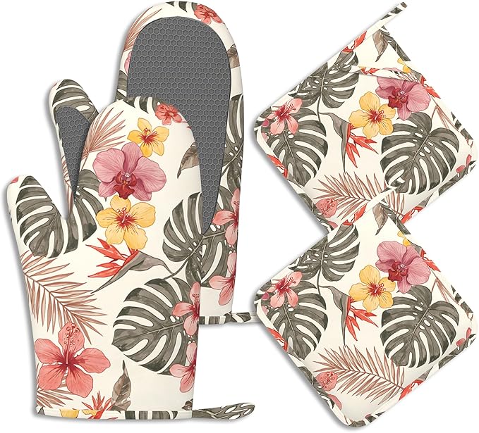 Palm Leaf Oven Mitts and Pot Holders Tropical Hibiscus Flower Silicone Kitchen Accessories Set of 4 Heat Resistant Non-Slip Long Gloves Potholder for Chef Cooking Baking Gifts Women Men