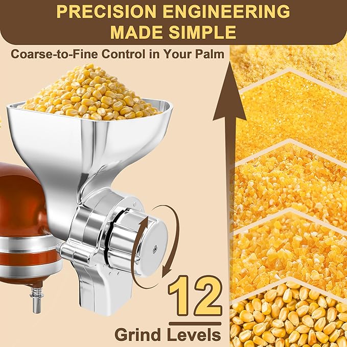 Premium All-Metal Grain Mill Attachment for KitchenAid Stand Mixers, 12-Level Adjustable Flour Mill Grinder for Wheat, Oats, Corn, Rice, Non-Oily Dry Grains - Includes Cleaning Brush
