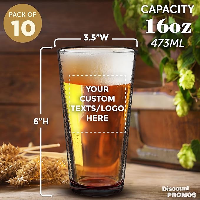 Custom Spiral Pint Glass 16 oz. Set of 10, Personalized Bulk Pack - Beer Glasses, Heavy Duty Drinkware - Red