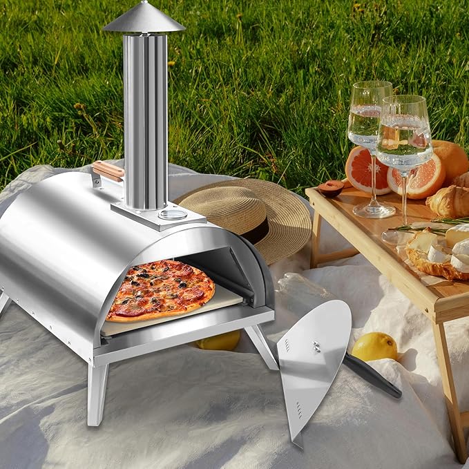 12" Wood Pellet Pizza Oven – Portable Stainless Steel Outdoor Pizza Maker with Built-In Thermometer, Foldable Legs, Carry Handle & Cordierite Pizza Stone for Backyard, Patio & Camping