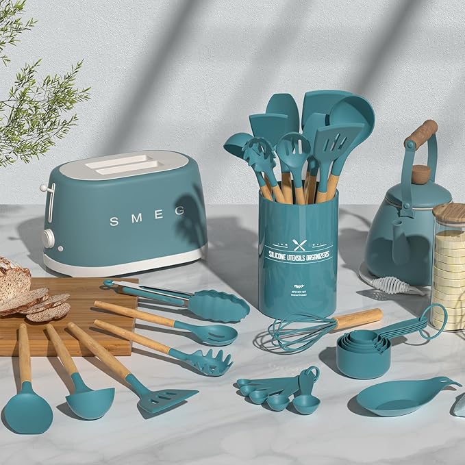 Umite Chef Kitchen Cooking Utensils Set, 33 pcs Non-stick Silicone Utensils Spatula Set with Holder, Silicone Kitchen Gadgets Utensil Set(Dark Blue)