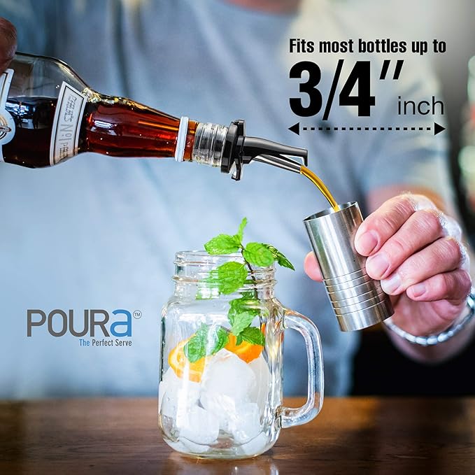 Poura 8 Liquor Pour Spouts (Black) with Built-in Caps for Optimal Fly & Dust Protection - Dishwasher Safe, Hygienic Spouts - with Adapters for Large Neck Bottles