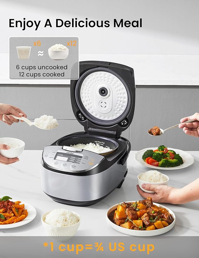 COMFEE' Rice Cooker 12 Cups Cooked/6 Cups Uncooked, Portable Non-Stick Rice Maker, Japanese Rice Cooker with Fuzzy Logic Technology, 24-Hour Timer Delay, 11 Presets, Steamer, Fast Cooker, Grain Cooker, Black