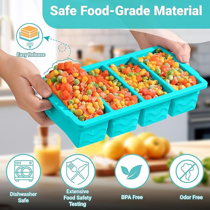 Silicone Freezer Molds for Soup with Lid, 1-Cup & 2-Cup Large Ice Cube Trays Food Storage Containers for Meal Prep, Freeze 500mL/250mL/125mL Portions – 4 Pack (1-Cup Green*2 & 2-Cup Blue * 2)