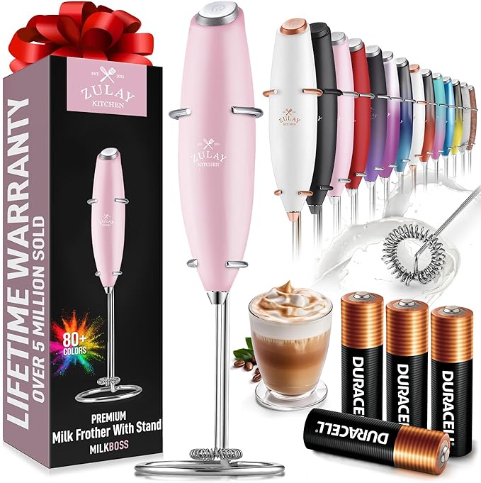 Zulay Powerful Milk Frother (4 Duracell Batteries Included) - Handheld Milk Frother Wand Drink Mixer for Coffee - Powerful Milk Foamer for Cappuccino, Frappe, Matcha & Creamer - Cotton Candy
