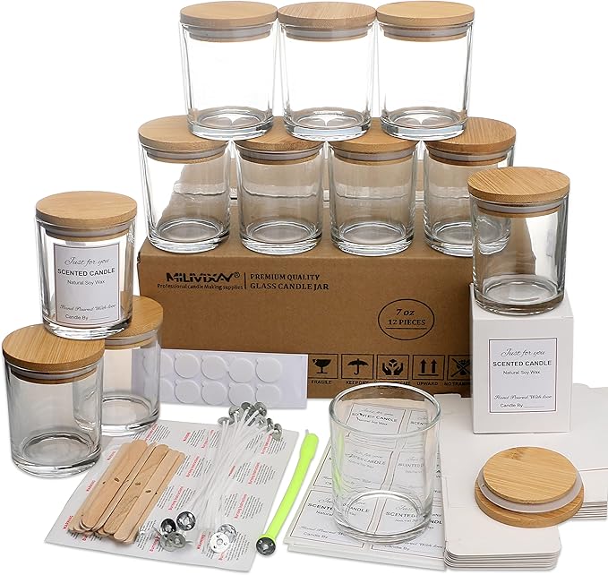 MILIVIXAY 12 Pack 7 OZ Clear Glass Candle Jars with Lids and Candle Making Kits - Bulk Empty Candle Jars for Making Candles - Spice, Powder Containers.