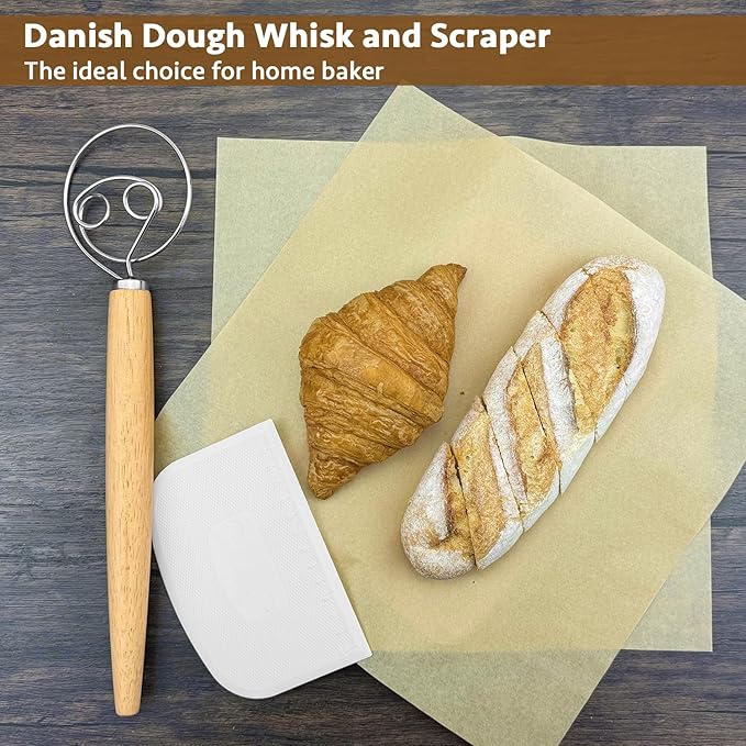 CAMKYDE 13-Inch Danish Dough Whisk and Scraper, Wooden Danish Whisks for Dough with 18/8 Stainless Steel Dough Hook, Sturdiness Dutch Bread Whisk for Sourdough, Pizza, Pastry, Cake Batter