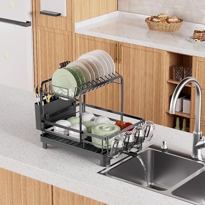 Runnatal 2-Tier Dish Drying Rack, Large Dish Rack with Drainboard Set, Detachable 4-in-1 Large Capacity Dish Drainer Over The Sink Anti-Rust for Kitchen Counter, Black