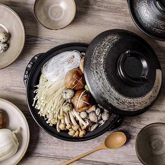 Round Casserole Dish Heat-Resistant Ceramic Casserole With Lid Soup Pot With Soup Pot Oil-Free Saucepan Japanese Donabe Hot Pot With Brushstroke Saucepan With Slow Stew W,B-0.9L