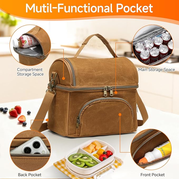 Lunch Box with Ice Packs, Waxed Canvas Lunch Bag for Men, 10.5L Leakproof Insulated Lunch Cooler for Men Work, Dual Compartment Soft Cooler for Work, Camping, Beach & Road Trips
