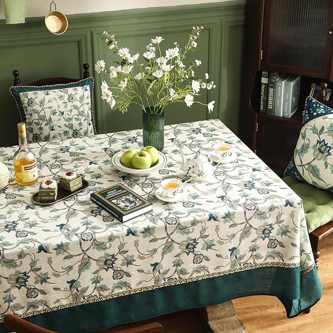 patdrea Designer Green Small Linen Table Cloth for Rectangle Table,Vintage Floral Pattern Durable Extra Long Tablecloth,French Decor for Kitchen Dining,Christmas,Thanksgiving,Party,67"x118"-Noah