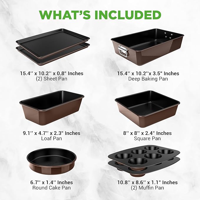 NutriChef 8-Piece Nonstick Stackable Bakeware Set - PFOA, PFOS, PTFE Free Baking Tray Set w/Non-Stick Coating, 450°F Oven Safe, Round Cake, Loaf, Muffin, Wide/Square Pans, Cookie Sheet (Brown)