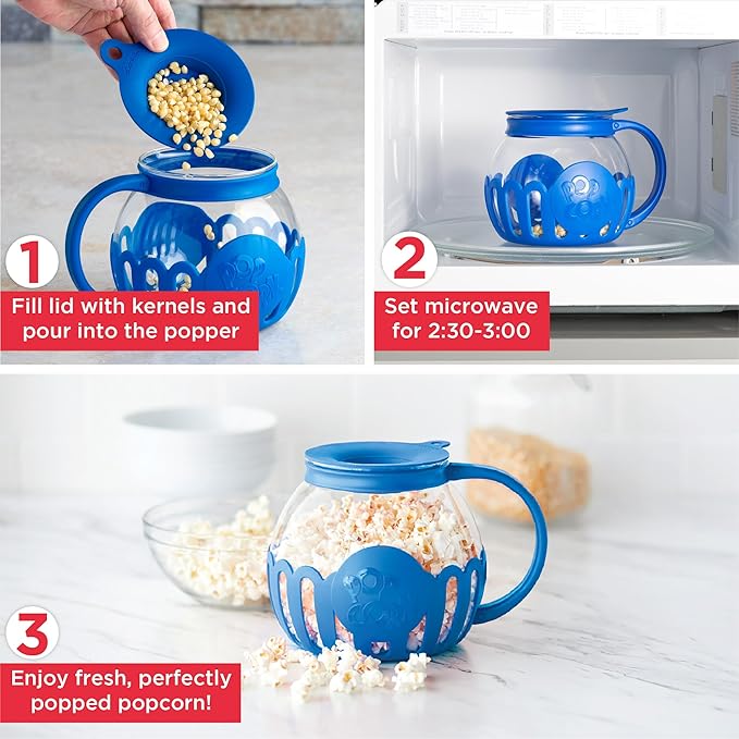 Ecolution Patented Micro-Pop Microwave Popcorn Popper with Temperature Safe Glass, 3-in-1 Lid Measures Kernels and Melts Butter, Made Without BPA, Dishwasher Safe, 1.5-Quart, Blue