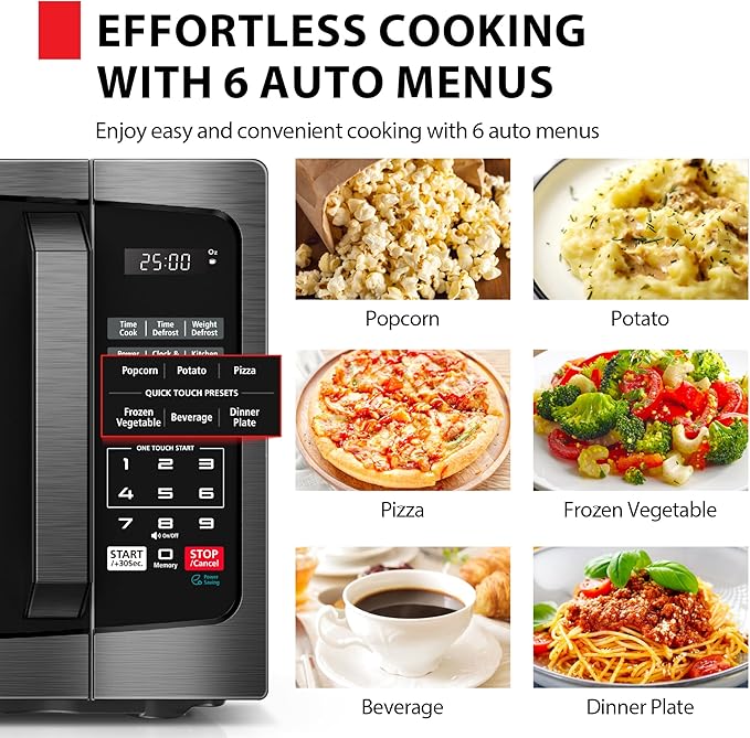 TOSHIBA ML-EM09PA(BS) Small Microwave Oven with 6 Auto Menus, Mute Function & Child Lock, LED Lighting, 0.9 Cu Ft, 10.6 Inch Removable Turntable, 900W, Countertop, Black Stainless Steel
