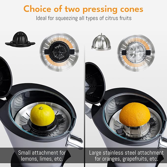 LEBENLANG Stainless Steel Electric Orange Juicer 600W I Incl. Stainless Steel Cone & BPA-Free | Electric Juicer Citrus Press Fruit Press I High Juice Yield for Oranges & Lemons