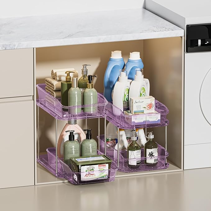 Delamu 2-Tier Under Sink Organizers and Storage, Multi-Purpose Stackable Bathroom Cabinet organizers, Pull Out Kitchen Pantry Organization and Storage with Dividers(2 Pack, Purple)