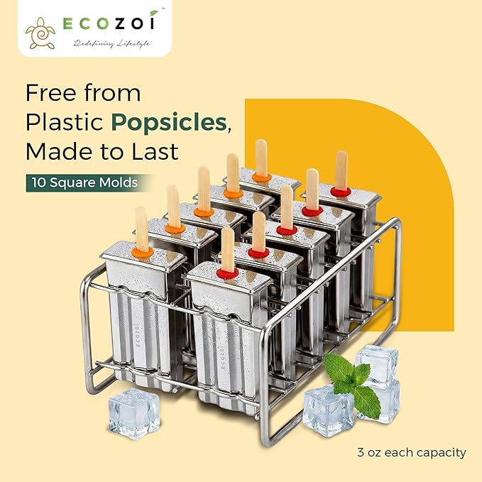 ecozoi Stainless Steel Popsicle Molds and Rack - 10 Square Ice Pop Makers + 50 Reusable Bamboo Sticks + 20 Silicone Seals + 1 Cleaning Brush + 1 Rack