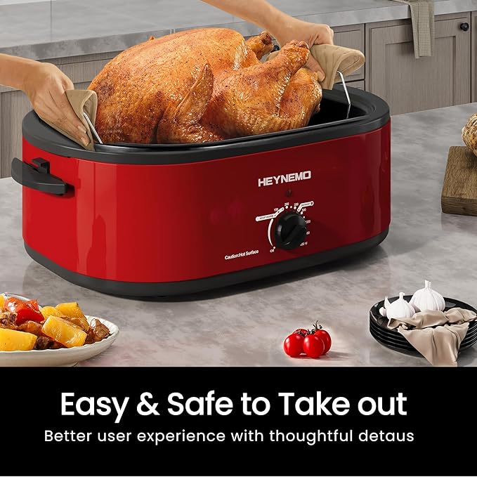 20 Quart Roaster Oven，Electric Turkey Roaster Oven with Defrost & Warm Function, Adjustable Temperature, Removable Pan & Rack, Stainless Steel, Red