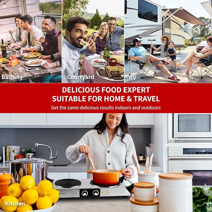 Hot Plate, Techwood 1800W Portable Electric Stove for Cooking Countertop Dual Burners with Adjustable Temperature & Handles, 7.5” Cooktop for Home/RV/Camp, Compatible for All Cookwares, Silver