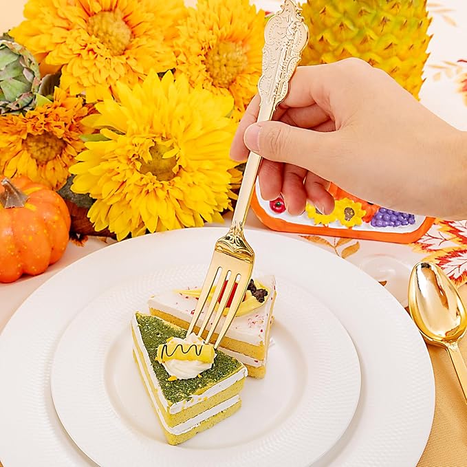 Liacere 400PCS Gold Plastic Silverware - Pre Rolled Napkins Disposable Gold Plastic Cutlery-Premium Quality Utensils-Includes 100Forks,100Knives,100Spoons,100Napkins&Wedding&Thanksgiving