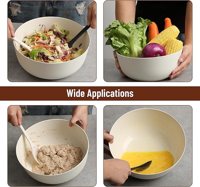 BAMBOO LAND- Large Salad Bowl with Wooden Lid, 10 Inch/108 Oz, White, Bamboo Fiber Salad Bowl with Serving Utensils, Wide Applications