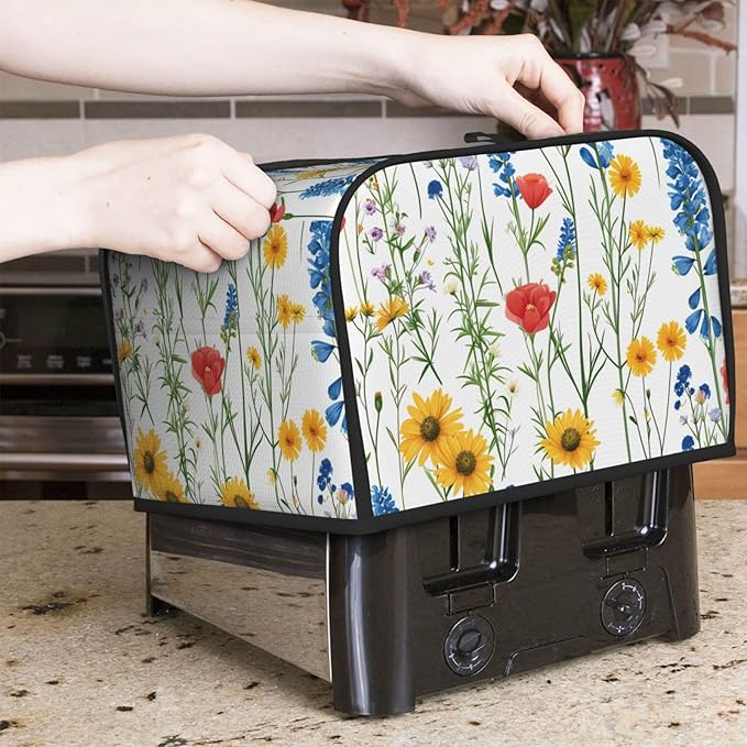 Summer Wildflower Covers for 4 Slice Toasters,Cute Country Bread Machine Cover with Handle,Washable Stain Resistant Kitchen Small Appliance Cover Dining Decor
