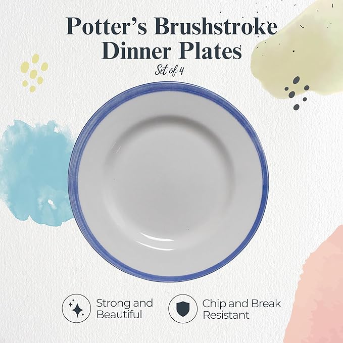 Portmeirion Potter's Brushstroke Dinner Plate (Set of 4) - 10.5" Earthenware Plates with Classic Brushstroke Rim - Microwave, Dishwasher, Freezer, Oven Safe - Ideal Modern Dinnerware Set (Blue)