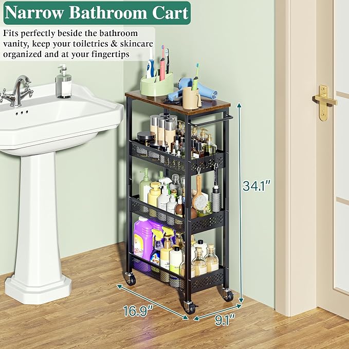 OKZEST Utility Slim Storage Cart, 4-Tier Narrow Bathroom Organizer and Storage Cart, Metal Narrow Kitchen Laundry Room Organization Rack with Wood Top, Slim Rolling Shelf with Wheels for Small Space
