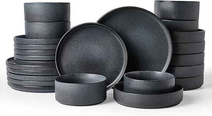 Famiware Star Dinnerware Set with Pasta Bowls, Service for 6 (24 Pieces), Ribbed Stoneware Plates and Double Bowls Sets - Chip & Scratch Resistant, Microwave & Dishwasher Safe, Matte Dark Charcoal