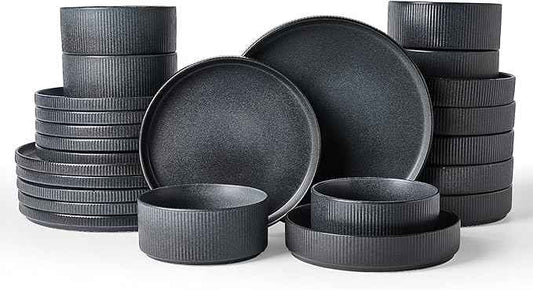 Famiware Star Dinnerware Set with Pasta Bowls, Service for 6 (24 Pieces), Ribbed Stoneware Plates and Double Bowls Sets - Chip & Scratch Resistant, Microwave & Dishwasher Safe, Matte Dark Charcoal