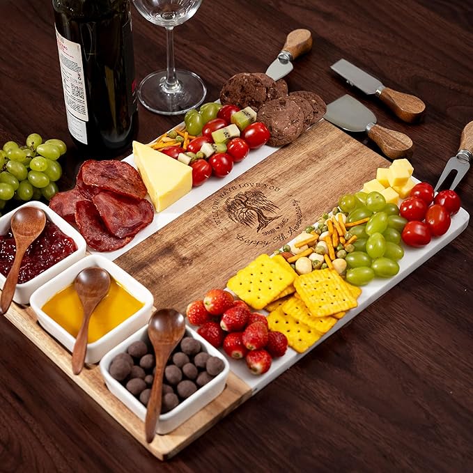 Personalized 9th Anniversary Marble Charcuterie Board, 9th Anniversary Cheese Board - Charcuterie Boards Gift Set for Wife, Willow Gifts for Wedding