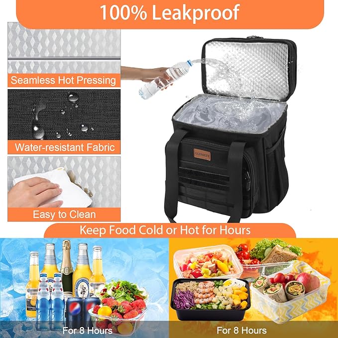 Tactical Insulated Lunch Bag Lunch Box - Expandable Large Cooler Bag for Men - Versatile Lunchbox for Adults Work Shifts Outdoor Trips Black 16L