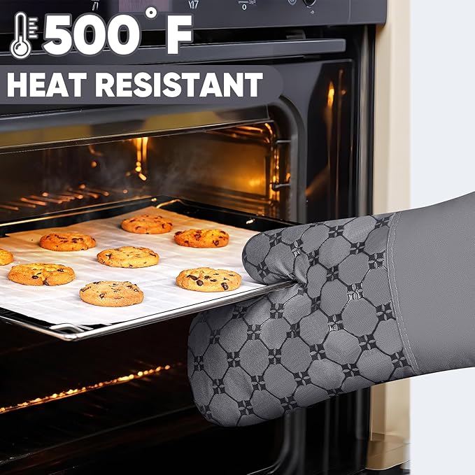 Oven Mitts Kitchen Towels Dishcloths with Pot Holders Sets 12PCS, Dish Towels Sets, Oven Gloves Pot Pads Heat Resistant 500 Degrees with Non-Slip Silicone Surface for Cooking Baking Grilling-Grey