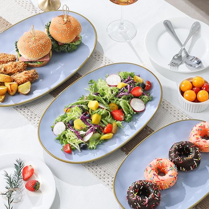 Ceramic Oval Serving Platter: 15.6/14.3/12.9 Inch Large Serving Dishes for Entertaining Party, Turkey, Steak, Ham, Microwave Dishwasher Safe, Blue