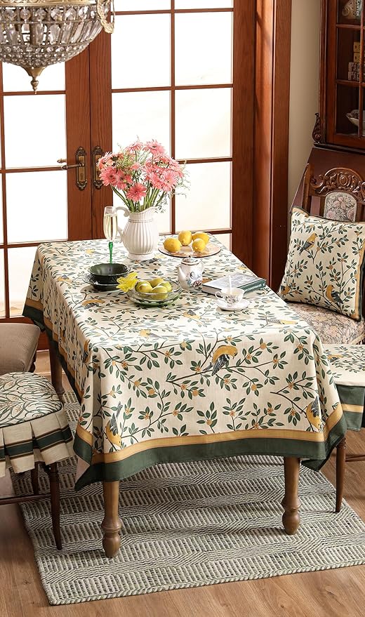 patdrea Designer Green Linen Rectangular Tablecloth,Vintage Breathable Floral Extra Long Table Cloth,Decor Table Cover for Kitchen Dining,Parties,Party,Christmas,Thanksgiving,63"x110"-Warbler