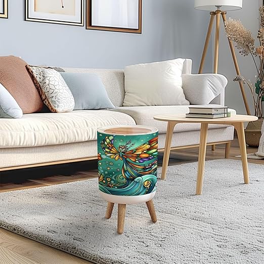 Trash Can with Lid Flower Fairy Stained Glass Art Ocean Serenity Press Top Round Small Garbage Bin with Wooden Legs Waste Basket for Kitchen Bedroom Nursery 7L/1.8 Gallon