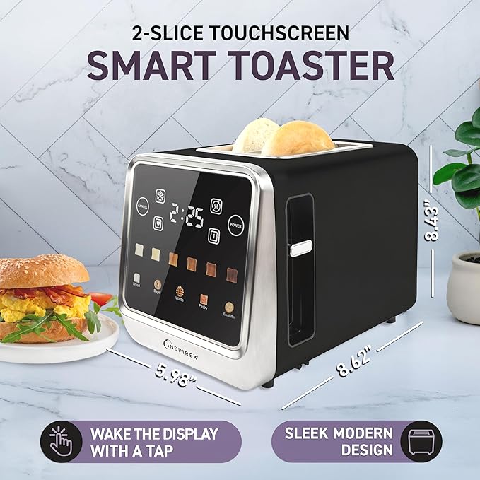 Inspirex Touch Screen Toaster - 2 Extra Wide Slots - 5 Bread Types and 6 Browning Levels - Defrost, Reheat, Favorite, & Single Slot Modes - For Toast, Bagels, & Waffles – Black