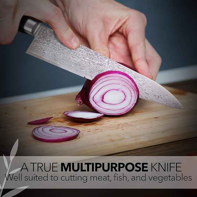 Kagayaki Japanese Chef’s Knife, KGRP-3 Professional Gyuto Knife, Polished Patterned Damascus Stainless Steel with Ergonomic Black Pakka Wood Handle, 8.2 inch
