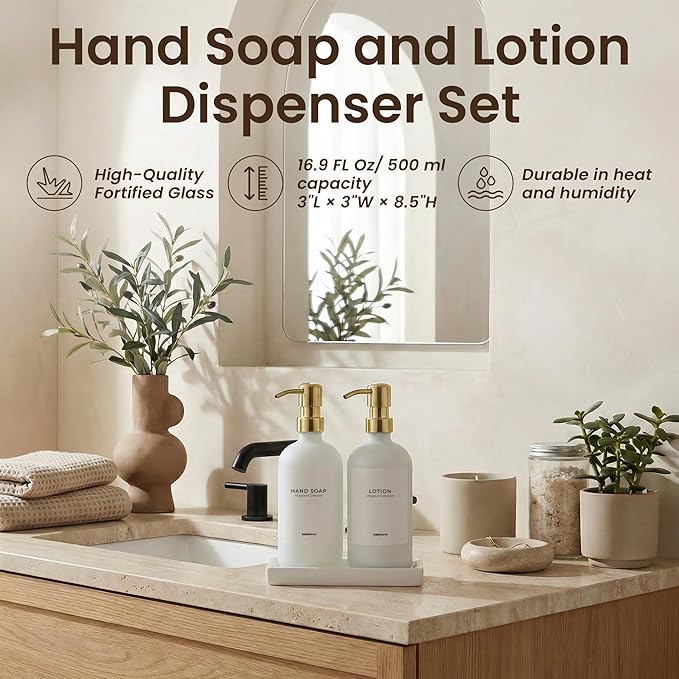MaisoNovo Soap and Lotion Dispenser Set - Bathroom Soap Dispenser Set with White Soap Dispenser, Gold Pumps & Ceramic Tray