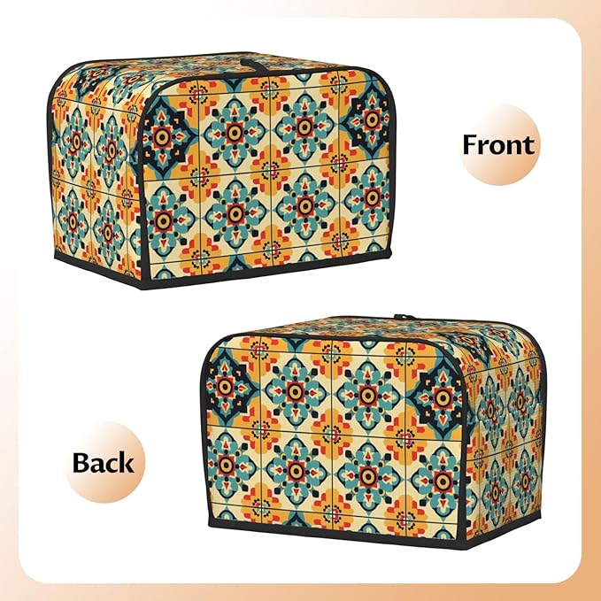 Brown Boho Tile Toaster Cover 2 Slice, Cute Rural Bread Machine Cover, Washable Dust-Proof Cover for Kitchen Small Appliance Cover,with Top Handle