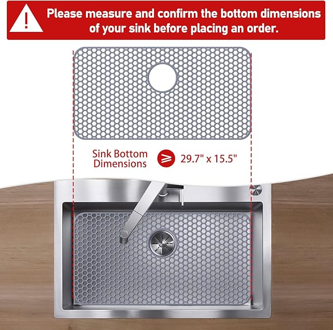 Bestjing Silicone Sink Protectors for Kitchen Sink with Rear Drain - 29.7"x 15.5" Kitchen Protector Accessory, Non-Slip Heat Resistan Mat for Bottom of Farmhouse Stainless Steel Porcelain