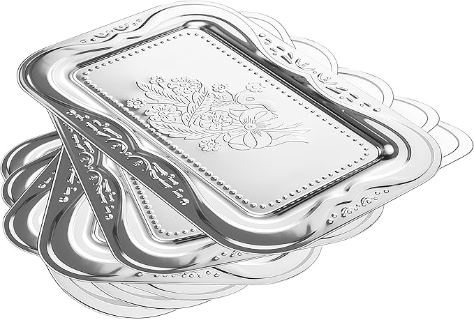 6-Pack Silver Serving Trays Set (14" x 9") – Bow Floral Engraved Serving Platters for Parties, Weddings, Birthdays, Festive Occasions – Mirror Trays for Charcuterie, Cookies, Desserts, Snacks, Fruit