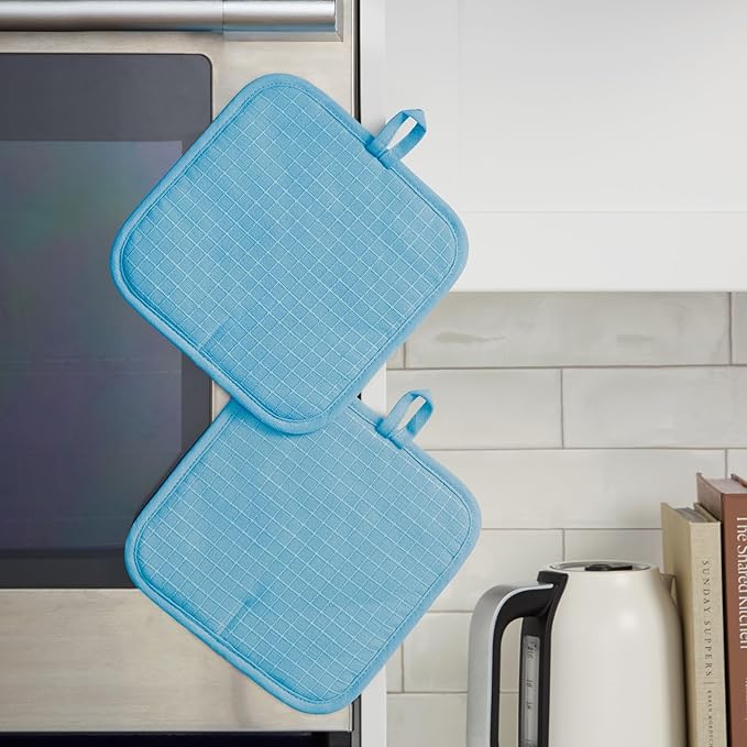 KITCHENAID Gourmet Series Gridlines Pot Holders 2-Pack Set, Heat Resistant up to 600°F, Soft Silicone Grip, Magnetic Cuff, Blue Velvet, 8"x8"