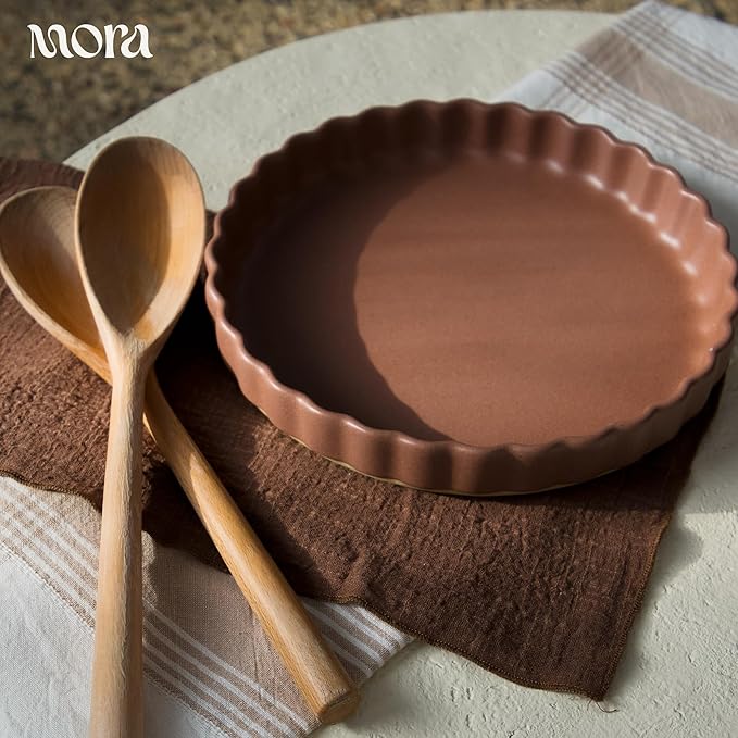 MORA Ceramic Tart Pan, 9.5 Inch Large Porcelain Baking Dish for Tarts, Quiche, Pie, Flan etc. Fluted Ruffled Edge, Oven, Microwave, Freezer, and Dishwasher safe - Great Gift For Bakers - Teracotta